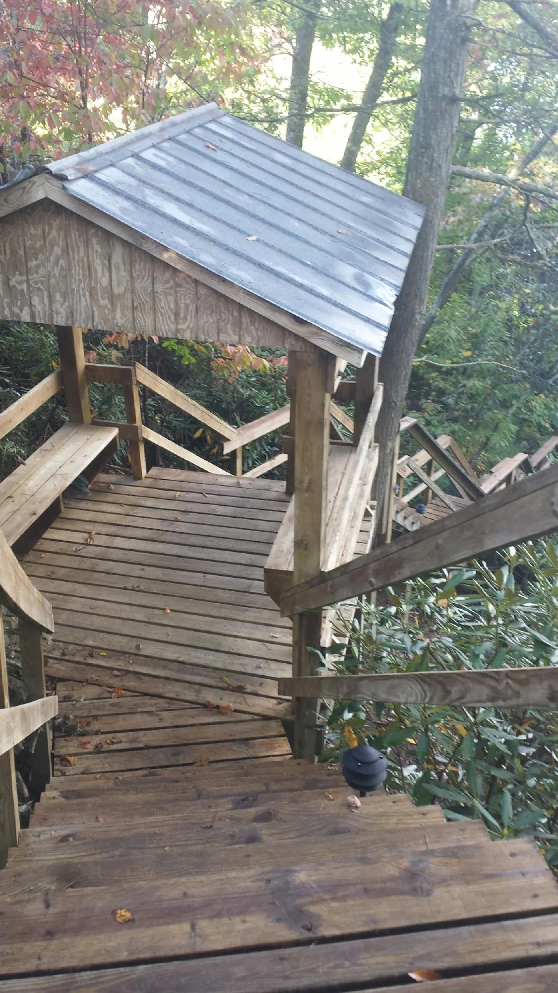 Metal roofed shelter over wooden steps on a wooded walkway — Skylight Repair & Installation work by our crew in Ricketts